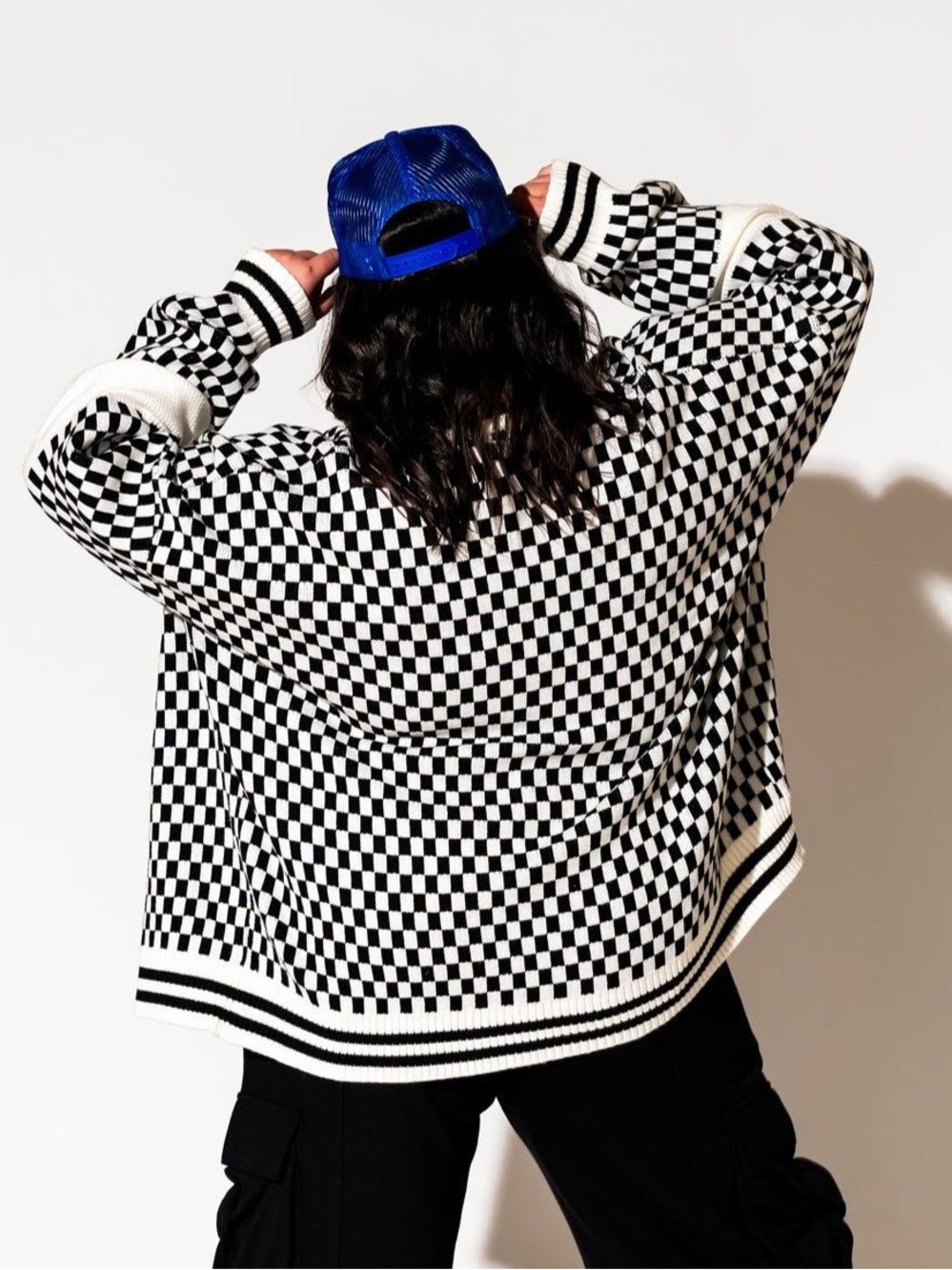 Dressed in LALA Get What I Want Grandpa Checkered Cardigan in Black + White - Picture 3 of 8